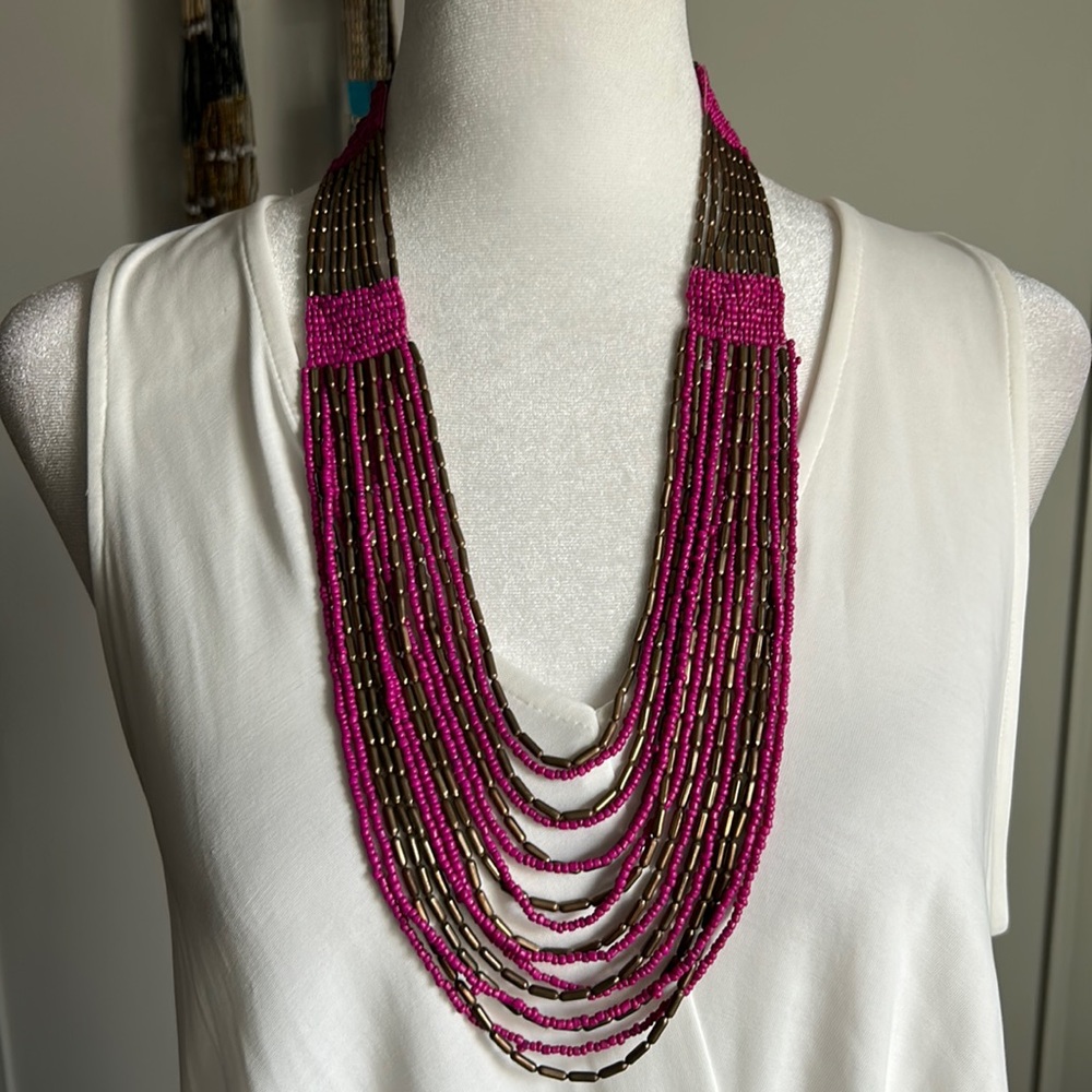 Multi-Layered Multicolored Tribal Boho Seed Beaded Statement Necklace